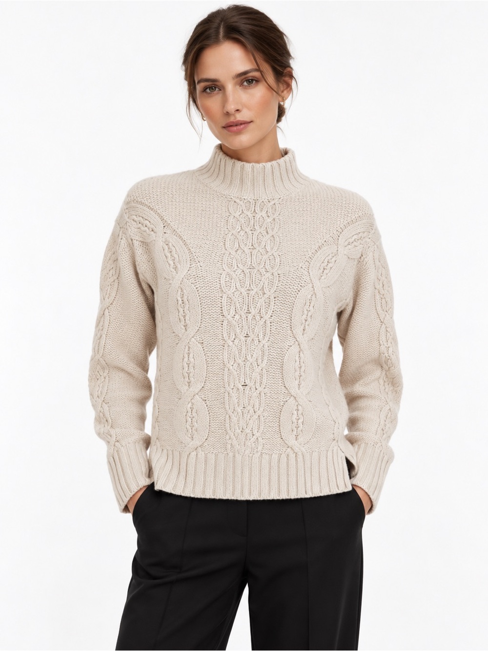 Tahari Wool Cable Knit Mock Neck Sweater XS Cream Quiet Luxury Fisherman Preppy